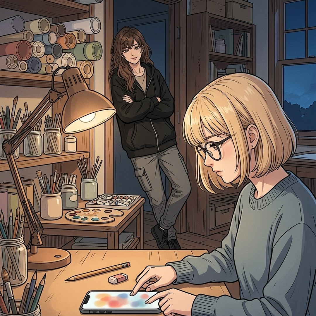 Dessin : le soir dans un atelier, Edith, lunettes rondes, appuie du doigt sur l'écran d'un téléphone posé sur la table, son crayon et sa gomme à côté ; Lena, adossée à la porte, la regarde en souriant.
