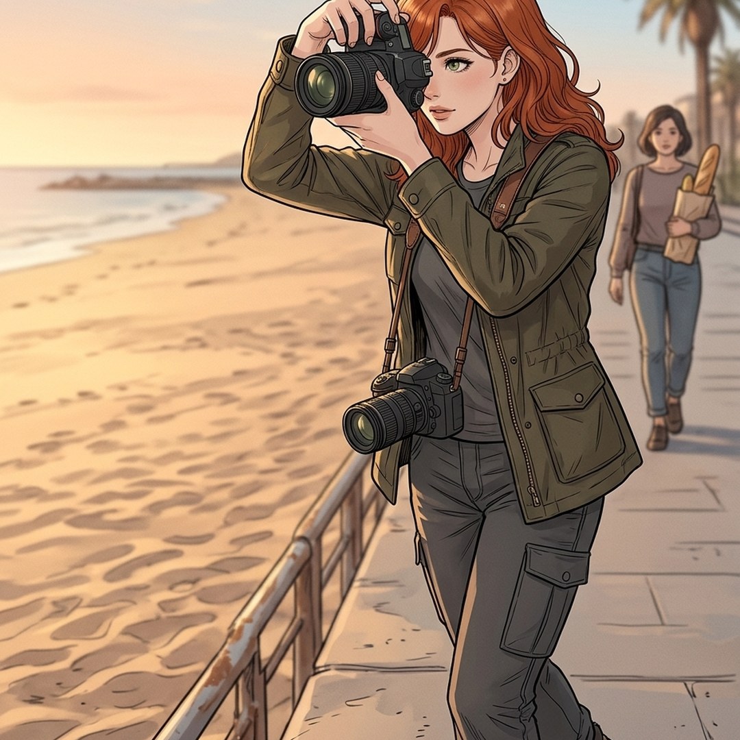Dessin : à l'aube sur le front de mer, Natasha, cheveux roux ondulés, veste kaki, vise avec son reflex, un second appareil en bandoulière, tandis qu'une passante qui porte une baguette s'éloigne au fond.