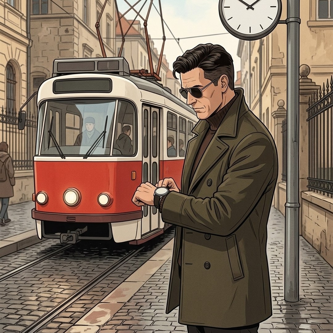 Dessin : Konrad regarde sa montre à un arrêt de tramway au moment où un tramway rouge et blanc arrive devant lui.