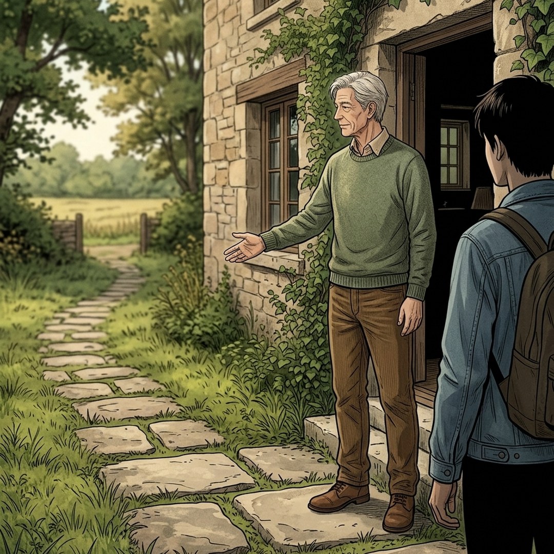 Dessin : au seuil d'une maison de pierre, Satoru montre à un visiteur de dos le chemin de dalles qui mène à la porte ouverte.