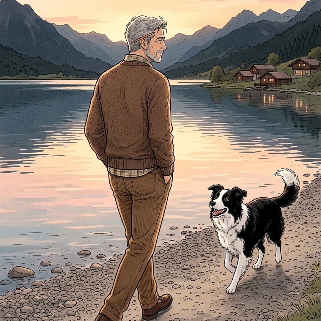 Dessin : au crépuscule, Phil, cheveux gris, barbe poivre et sel, crayon derrière l'oreille, marche de dos sur un chemin de galets au bord d'un lac de montagne, les mains dans les poches, tandis que sa border collie noir et blanc trotte vers lui.