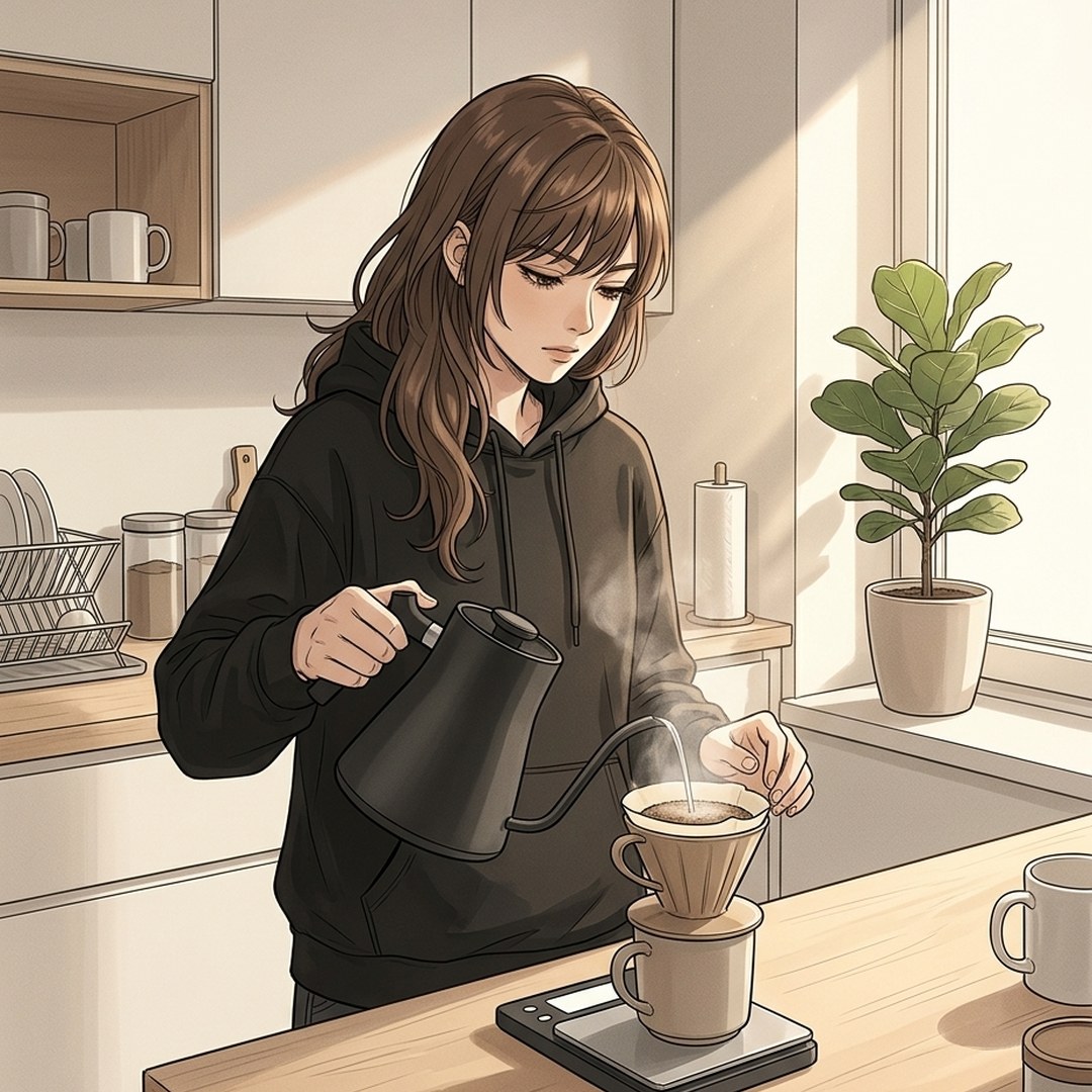 Dessin : dans une cuisine claire, Lena, cheveux bruns mi-longs et sweat noir à capuche, verse l'eau d'une bouilloire à col de cygne sur un filtre à café posé sur une tasse et une balance, près d'un ficus.