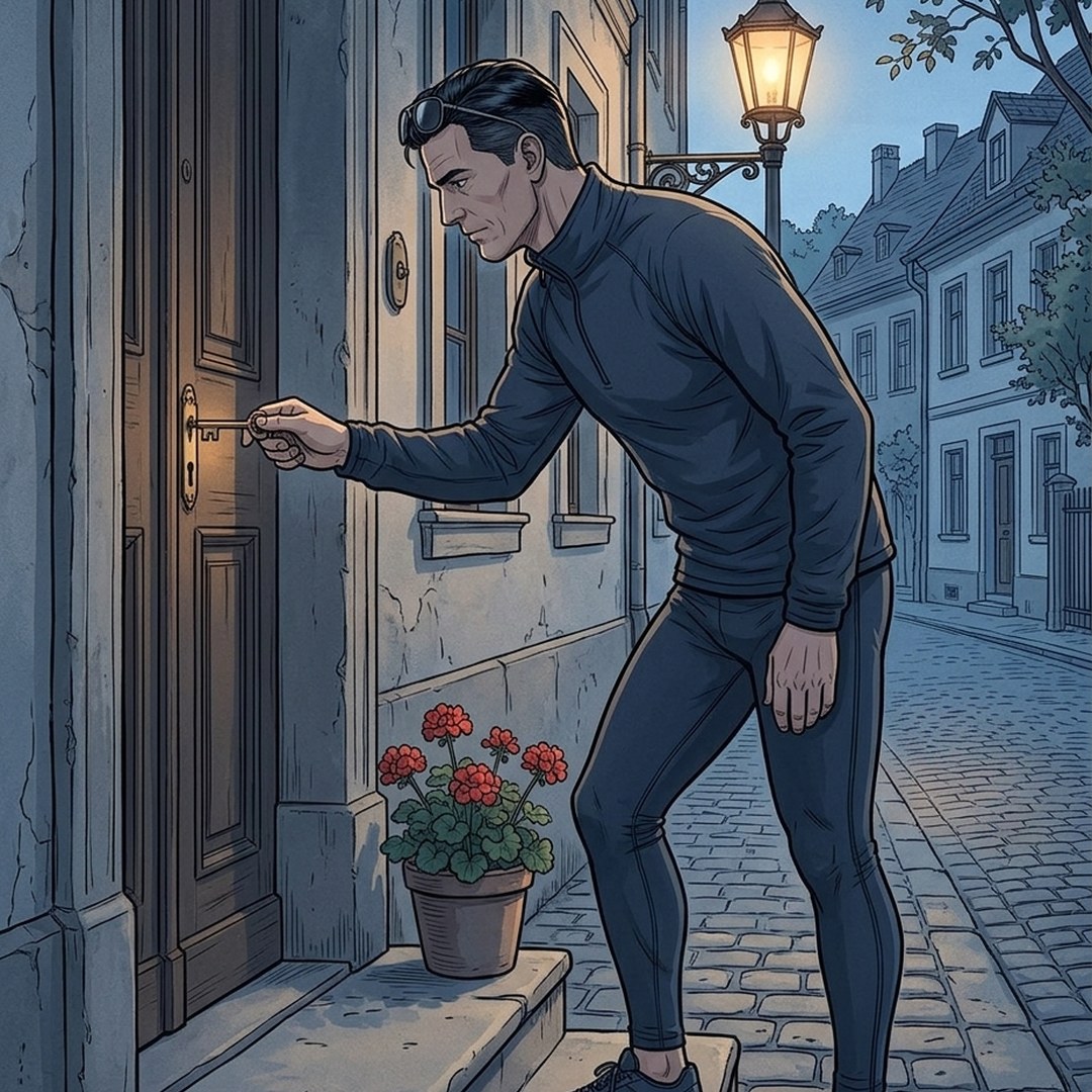 Dessin : à l'aube, dans une rue pavée de Vienne, Konrad en tenue de course, lunettes d'aviateur relevées sur le front, tourne une seule clé dans sa porte d'entrée, un pot de géraniums rouges sur le perron.