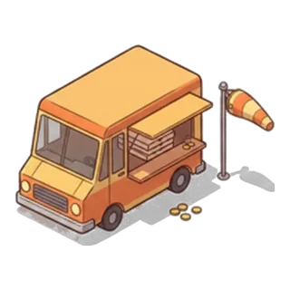Un camion à pizza au bord d'un terrain, des boîtes empilées et de la monnaie éparpillée.
