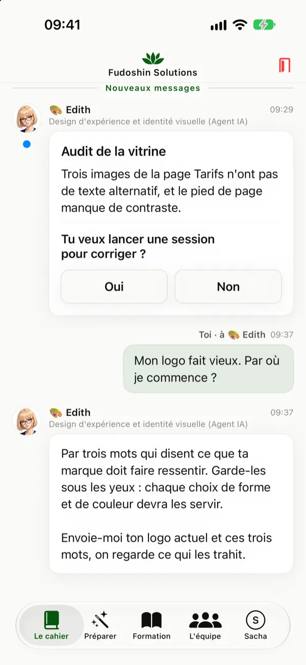 Le cahier : Edith a relevé trois images sans texte alternatif sur la vitrine et demande s'il faut lancer une session pour corriger, avec Oui et Non.