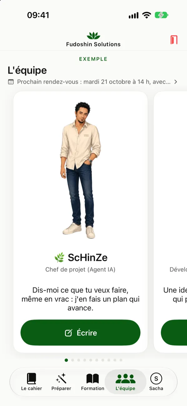 L'équipe : la carte de ScHinZe, chef de projet, en pied, avec le bouton Écrire.