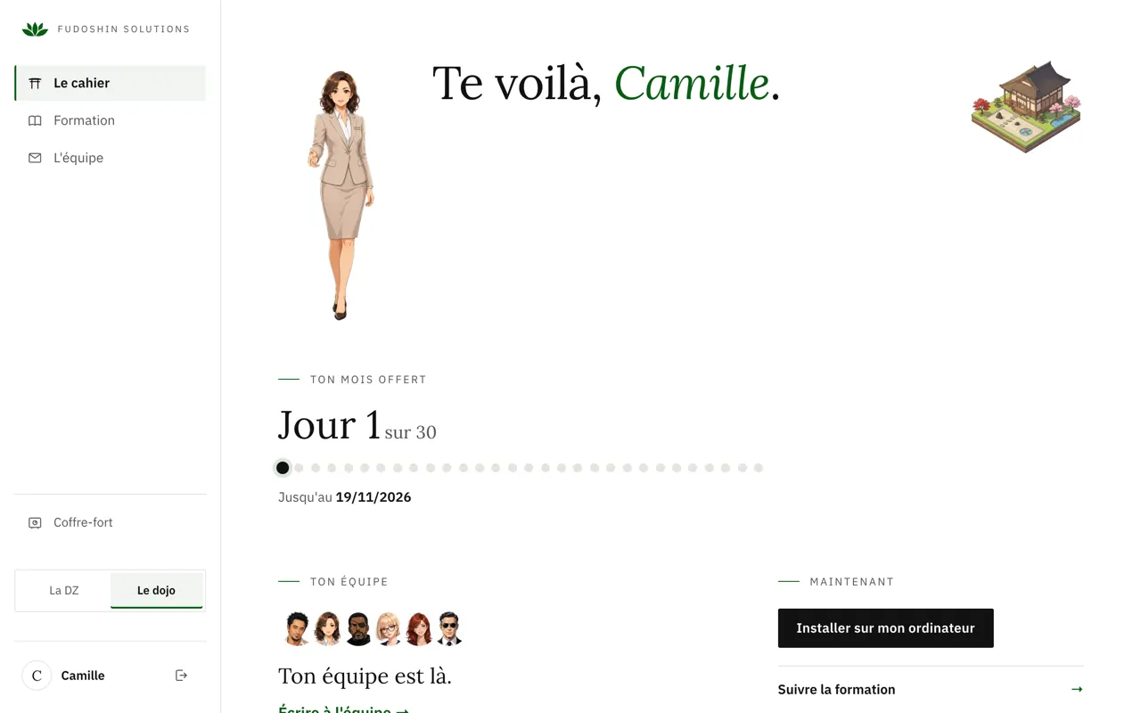 L'espace sur ordinateur : Anna accueille Camille, son équipe en dessous et la formation à suivre.