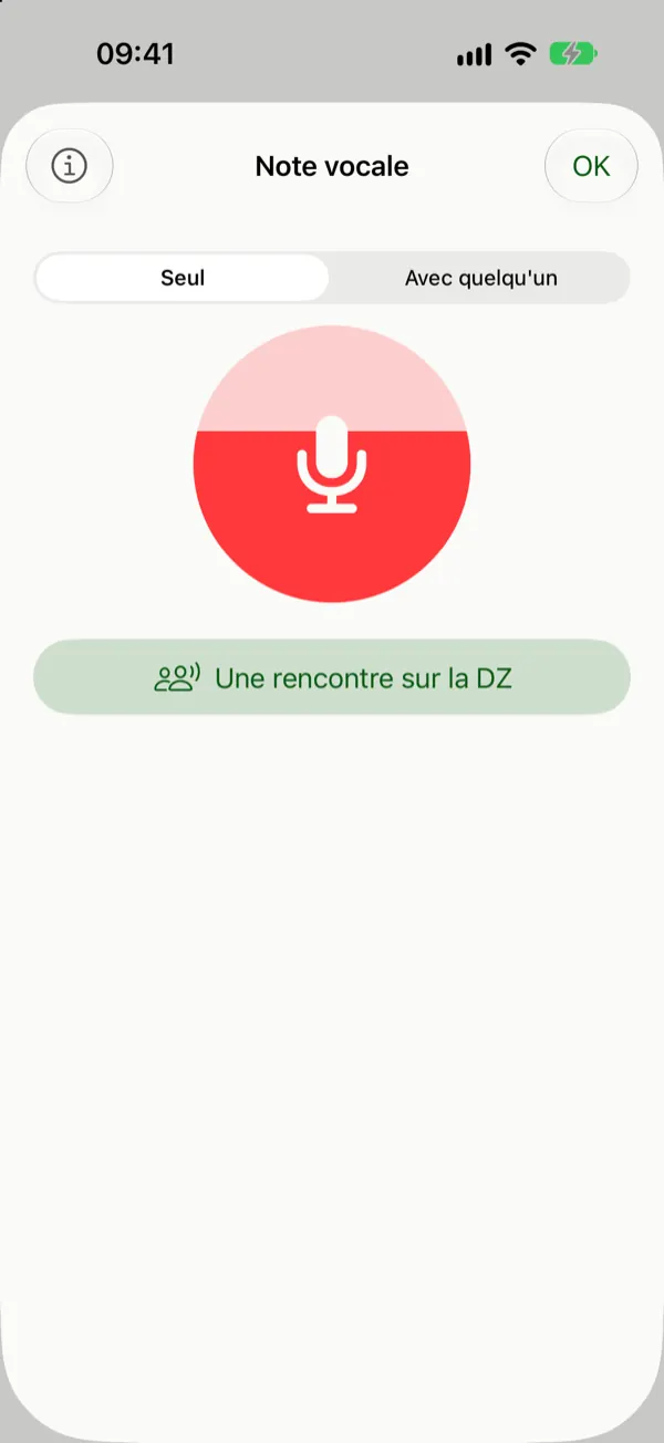 La note vocale : un gros bouton rouge pour parler, seul ou avec quelqu'un.
