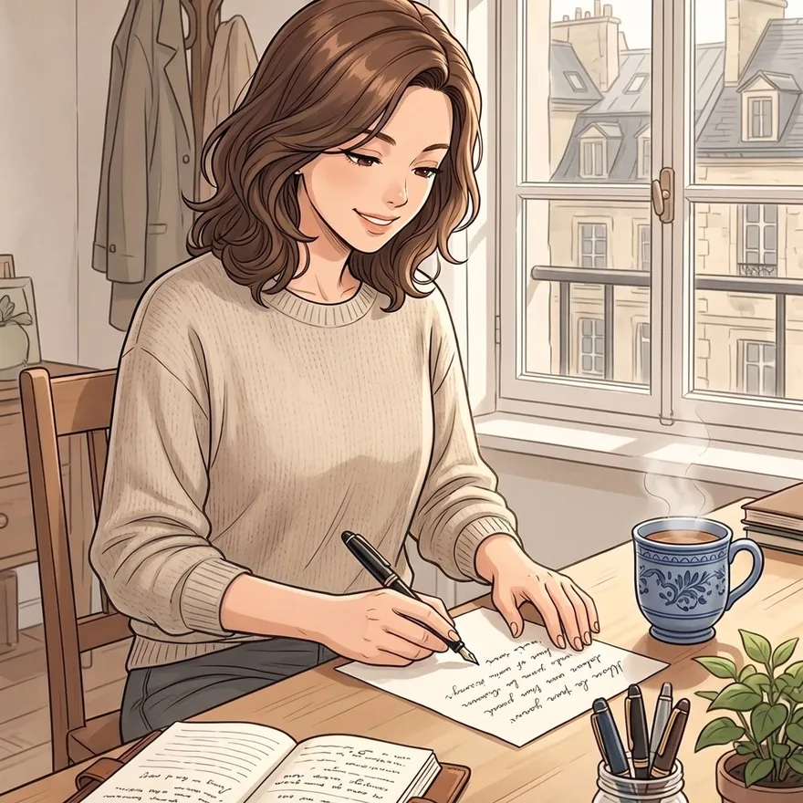 Anna écrit une lettre au stylo plume, à sa table, près de la fenêtre.