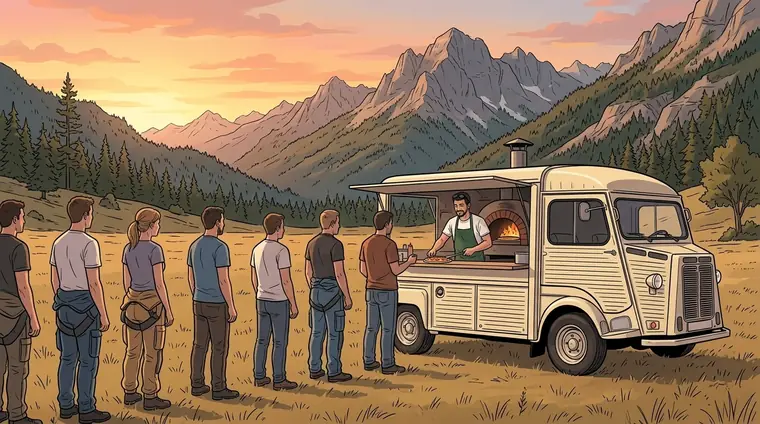Plan large au coucher du soleil, sur une DZ au pied des montagnes. Au bord du terrain, un camion à pizza crème avec un petit four à bois. Une file de parachutistes en tee-shirt et en combinaison ouverte attend devant le comptoir. Antho, au four, dans son tablier vert.