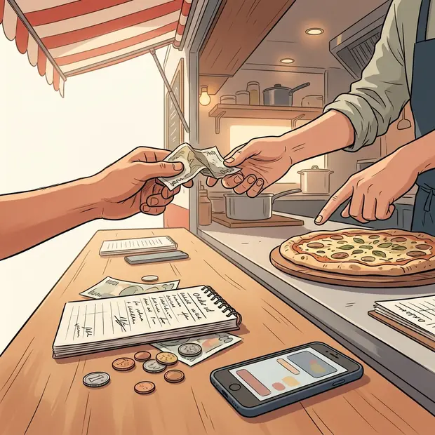 Gros plan sur le comptoir du camion : un carnet de commandes griffonné, des pièces, un téléphone posé, une main qui tend un billet froissé, une autre qui montre une pizza du doigt.