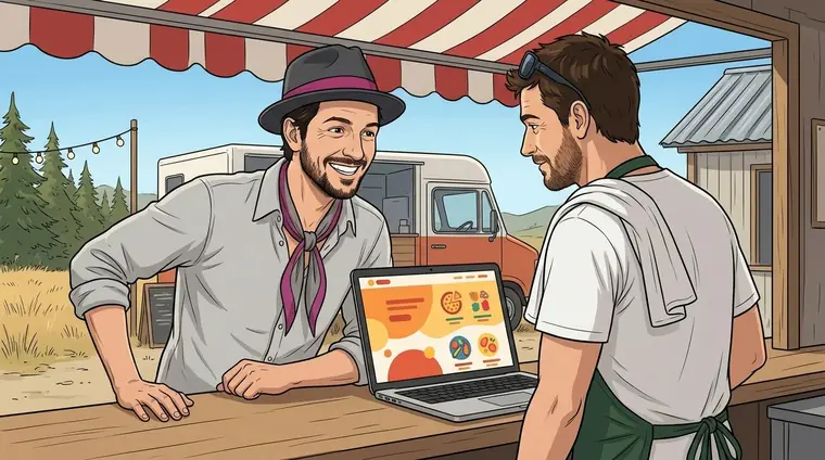 Djaps en civil, accoudé au comptoir du camion, tourne son ordinateur portable ouvert vers Antho : à l'écran, un joli site de pizzeria aux couleurs chaudes, sans texte lisible. Antho regarde, un torchon sur l'épaule.
