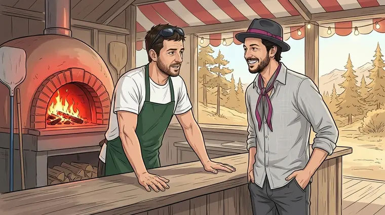 Antho, les deux mains à plat sur le comptoir, parle sérieusement à Djaps en civil. Derrière lui, la gueule rougeoyante du four à bois.