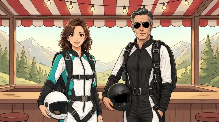Au même bar, Anna et Konrad, en combinaison, côte à côte. Konrad se tient très droit, lunettes d'aviateur noires.
