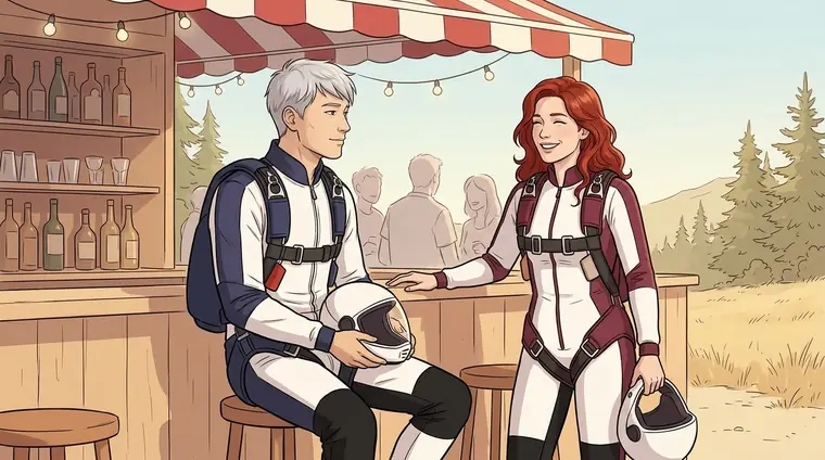 Au bar, Satoru assis sur un tabouret, calme, et Natasha debout à côté de lui, grand sourire, tous deux en combinaison.