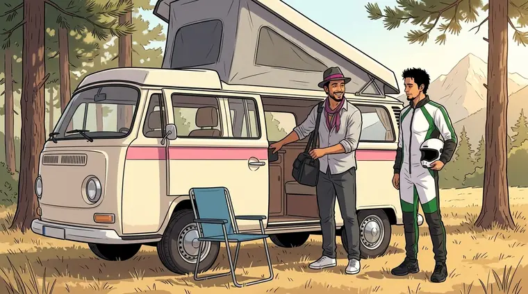 Au fond du camping, sous les pins, un combi Volkswagen crème à liseré rose, toit relevable relevé en toile grise, porte coulissante ouverte, une chaise de camping bleue devant. Djaps en civil y pose son sac, ScHinZe en combinaison à côté de lui.