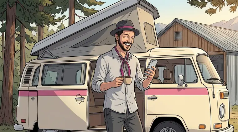Djaps en civil rit, seul devant son portable, une tasse de café à la main, à la porte du combi.