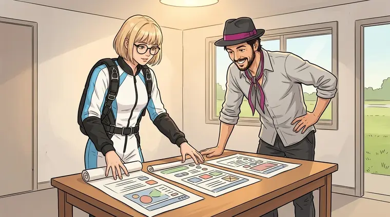 Dans la salle de formation, Edith, en combinaison, étale sur la table trois grandes feuilles : trois maquettes d'écran de commande dessinées à la main, différentes, sans texte lisible. Djaps en civil se penche dessus.