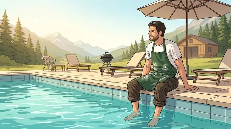 Antho, en tablier vert, assis au bord d'une piscine, les pieds dans l'eau, regarde au loin le bâtiment de la DZ. Transats, parasol, un barbecue.