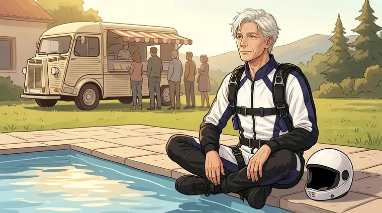 Satoru, en combinaison, assis un peu à l'écart au bord de la piscine, regarde au loin le camion à pizza crème et la file qui se forme.