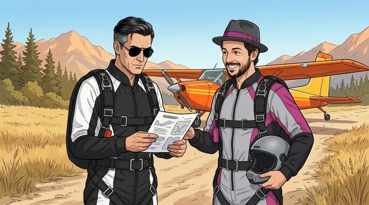 Sur l'allée qui mène à l'avion, la zone de vérif : Konrad, en combinaison noire et lunettes d'aviateur, examine une feuille que lui tend Djaps en combinaison.