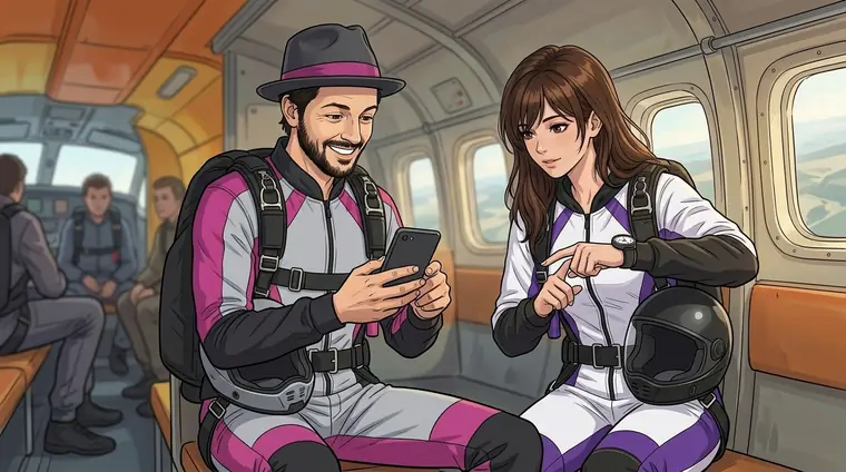 Intérieur du petit avion en montée : Djaps et Lena, en combinaison, assis sur le banc ; Lena montre l'altimètre à son poignet, Djaps tient son téléphone.