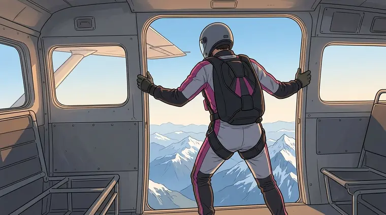 La porte ouverte du petit avion à 4 000 mètres : le ciel immense, les montagnes enneigées au loin. Djaps, en combinaison, casque fermé, de dos au bord de la porte, prêt à sortir.