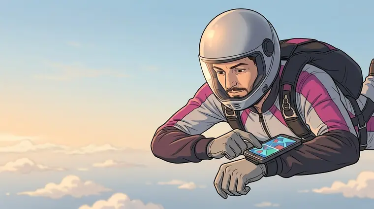 Djaps, en combinaison, en chute libre, plan rapproché, casque fermé, il regarde l'écran fixé à son poignet, concentré, seul dans le ciel.