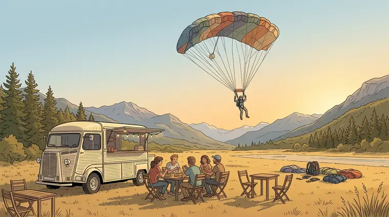 Plan large : une voile de parachute moderne, une aile rectangulaire à caissons (jamais une coupole ronde), multicolore, au-dessus de la DZ au coucher du soleil ; en bas, des amis attablés près du camion à pizza crème.