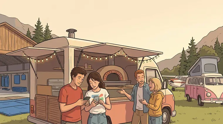Un groupe d'amis rieurs devant le camion à pizza, téléphones en main, qui commandent ; guirlande d'ampoules.