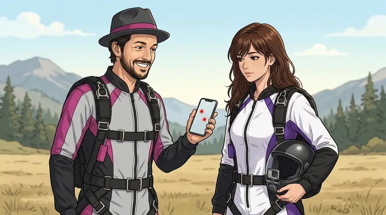 Djaps en combinaison montre son téléphone à Lena, en combinaison : à l'écran, deux points rouges, sans texte lisible. Lena, calme.