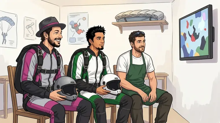 La salle de formation : sur un écran, une vidéo de chute libre, sans texte. Djaps en combinaison, ScHinZe en combinaison et Antho en tablier vert, assis, regardent.