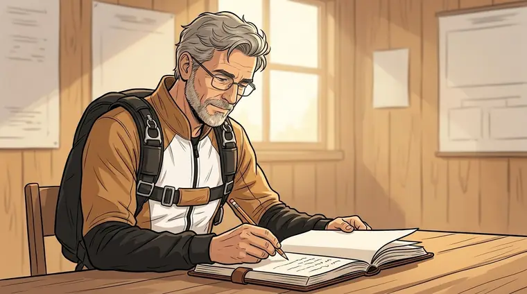 Phil, en combinaison, assis au fond de la salle de formation, écrit au crayon dans un grand cahier relié.