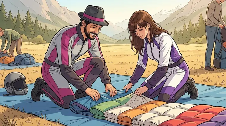 La zone de pliage dehors : Djaps et Lena, en combinaison, à genoux sur un tapis de pliage bleu, replient ensemble une voile multicolore.