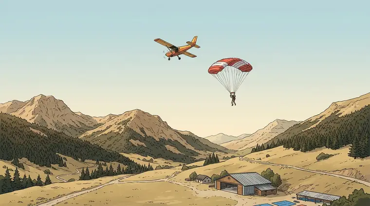 Plan large : le petit avion orange et jaune en vol, assez bas ; un parachutiste vient d'en sortir et sa voile s'ouvre presque aussitôt : une aile rectangulaire à caissons, jamais une coupole ronde, petite dans le ciel.