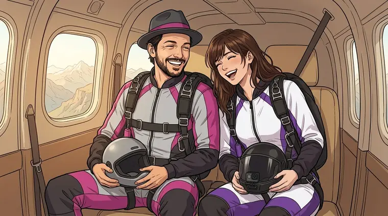 Dans le petit avion en montée, Djaps et Lena, en combinaison, détendus, rient ; par le hublot, les montagnes.
