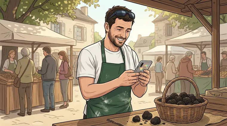 Antho, en tablier vert, à l'étal d'un petit marché de village, un panier de truffes noires devant lui, regarde son téléphone et sourit.