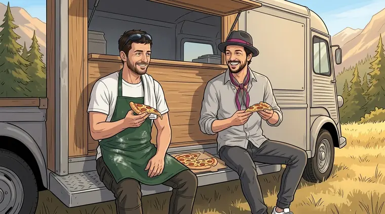 Antho en tablier et Djaps en civil, assis côte à côte sur le marchepied du camion à pizza, partagent une pizza, détendus.