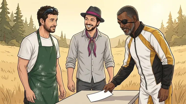 Antho en tablier et Djaps en civil se regardent ; Nicolas, en combinaison, pose une feuille entre eux.