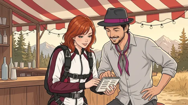 Au bar, Natasha, en combinaison, et Djaps en civil penchés sur un carnet ouvert couvert de mots barrés, illisibles.