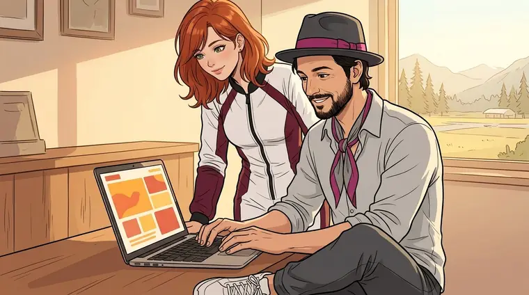 Djaps en civil, devant son portable, compose une page web de vente aux couleurs chaudes, sans texte lisible, concentré et content. Natasha, en combinaison, regarde par-dessus son épaule.