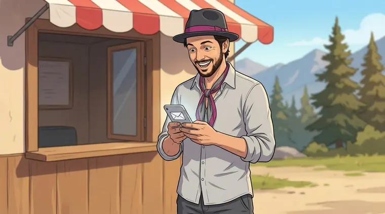 Djaps en civil regarde son téléphone : à l'écran, une enveloppe fermée, sans aucun texte. Il sourit, un peu surpris.