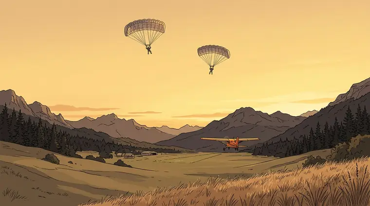 Plan large : coucher de soleil sur la DZ et les montagnes : le petit avion orange et jaune revient vers la piste ; deux voiles dans le ciel doré, des ailes rectangulaires à caissons, jamais des coupoles rondes.
