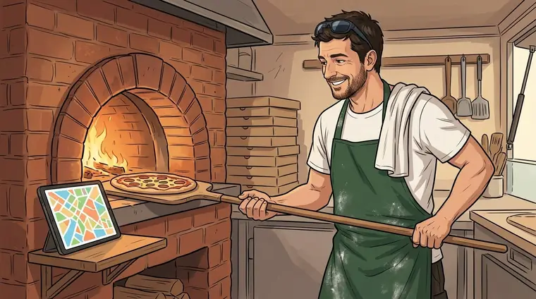 Dans le camion à pizza, la tablette près du four s'allume, une grosse carte colorée sans texte lisible ; Antho, en tablier vert, sourit en enfournant.