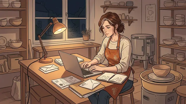 Plan large, la nuit, dans un petit atelier de céramique : un tour de potier, des étagères pleines de bols et de saladiers, un four éteint. Lou en civil est assise à une grande table couverte de papiers, d'enveloppes et d'un ordinateur portable ouvert, sous une seule lampe.
