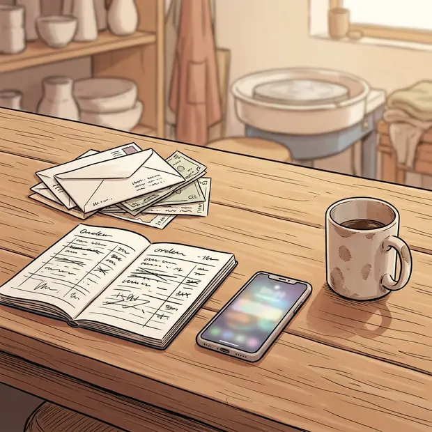 Gros plan sur la table de l'atelier : une pile de factures, des enveloppes fermées, un carnet de commandes raturé, un téléphone posé dont l'écran s'allume, une tasse de café froid avec une trace de doigt d'argile.