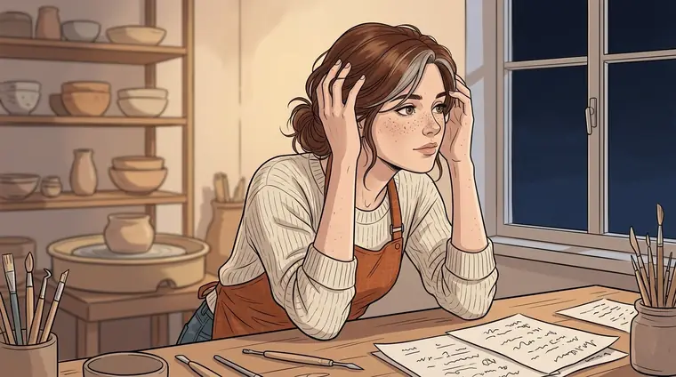 Lou en civil, coudes sur la table, les mains dans les cheveux, regarde la fenêtre noire de l'atelier. Les papiers devant elle.