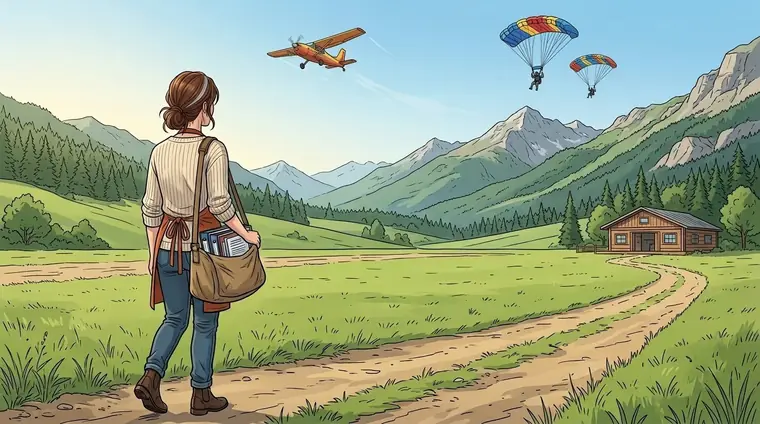 Plan large, un matin clair, sur une DZ au pied des montagnes : un petit avion orange et jaune qui monte, deux voiles rectangulaires colorées dans le ciel. Au premier plan, de dos, Lou en civil marche sur un chemin de terre au bord de la pelouse, un grand sac en toile plein de classeurs à l'épaule.