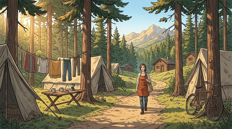Plan large : un chemin sous de grands pins, passé quelques chalets de bois. Un camp : des tentes plantées pour longtemps, du linge qui sèche sur une corde, une table pliante, un vélo appuyé contre un arbre. Lou en civil, petite dans le cadre, avance sur le chemin avec son sac.