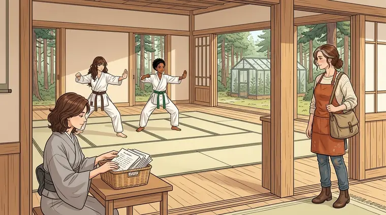 Plan large, l'intérieur du dojo : une salle de bois clair et de tatamis, des portes coulissantes ouvertes sur les pins. Au fond, Lena et Nia travaillent un même geste, lentement, côte à côte. Près de l'entrée, Anna, à un petit bureau de bois, trie un panier de papiers sans lever les yeux. Dans l'embrasure, Lou en civil, son sac à l'épaule, en chaussures, s'arrête au bord du tapis.